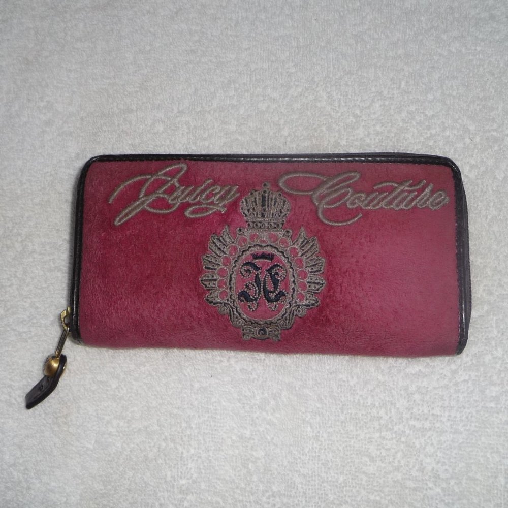 Juicy Couture Velour Velvet Embroidered Large Zip-Around Wallet, Hot Pink